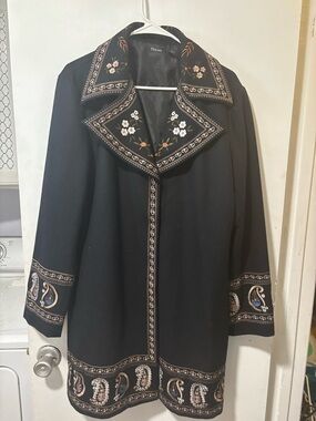 Theme Embroidered Wool Blend Black Mid / Long Length Size XL